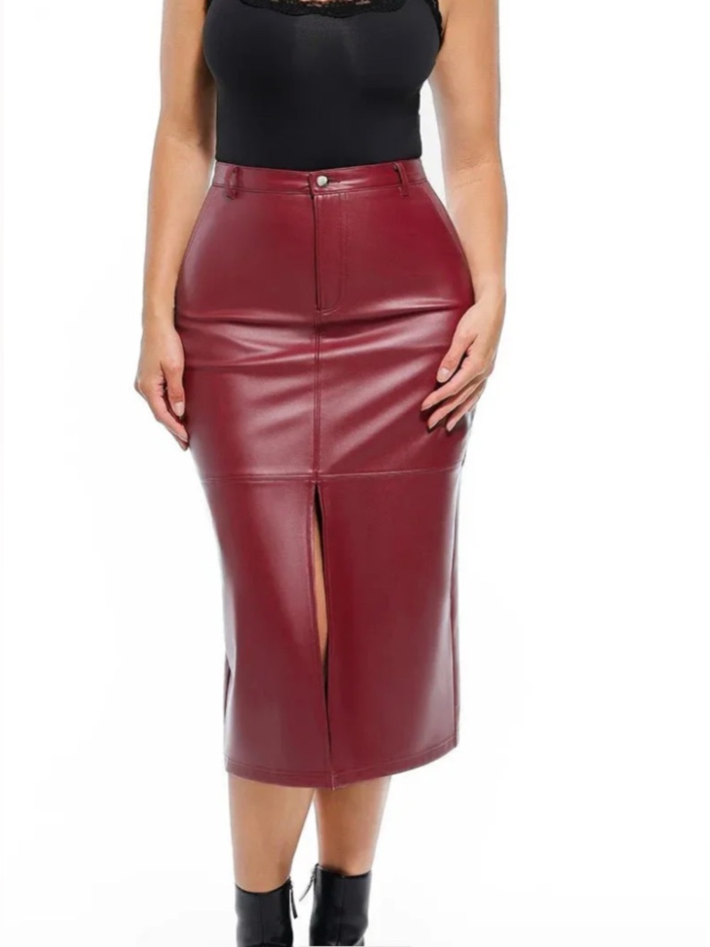 Populist High-Rise Faux Leather Midi Skirt in Burgundy with Front Slit